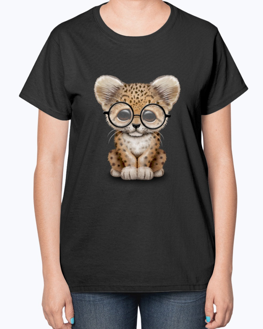 Gildan 2000L Ultra Cotton Ladies T-Shirt 13 colors Dark. Cute Baby Leopard Cub Wearing Glasses
