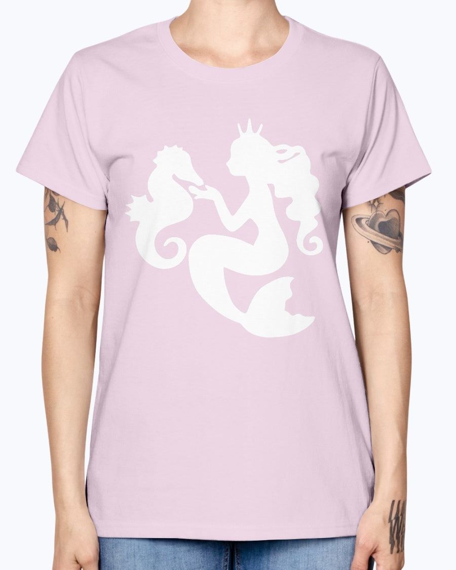 Gildan Ladies Missy T-Shirt. Mermaid& Seahorse.