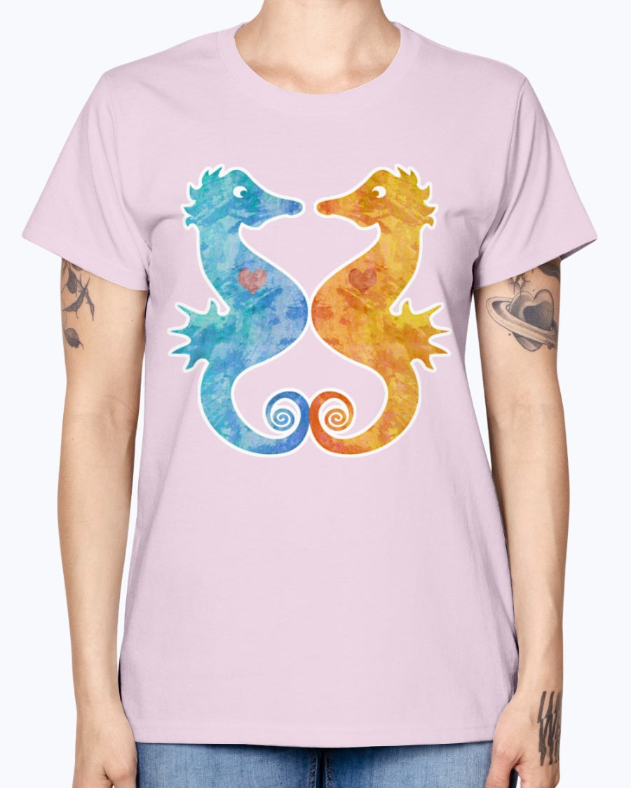 Gildan Ladies Missy T-Shirt. Seahorses in Love