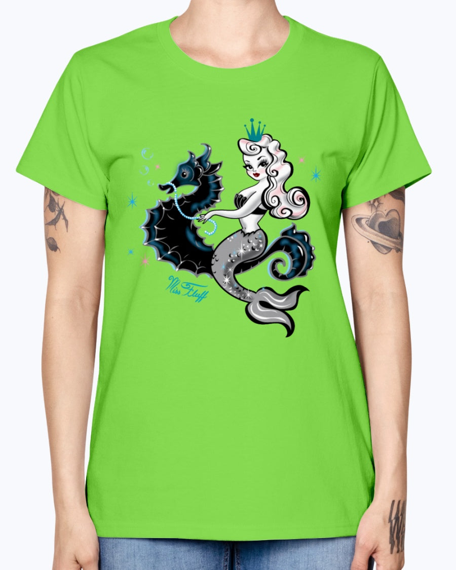 Gildan Ladies Missy T-Shirt. Mermaid Riding A Seahorse