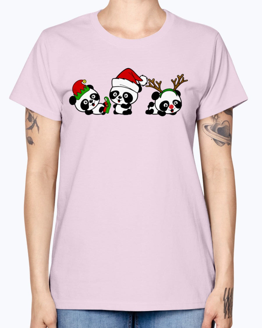 Gildan Ladies Missy T-Shirt. Christmas Pandas.