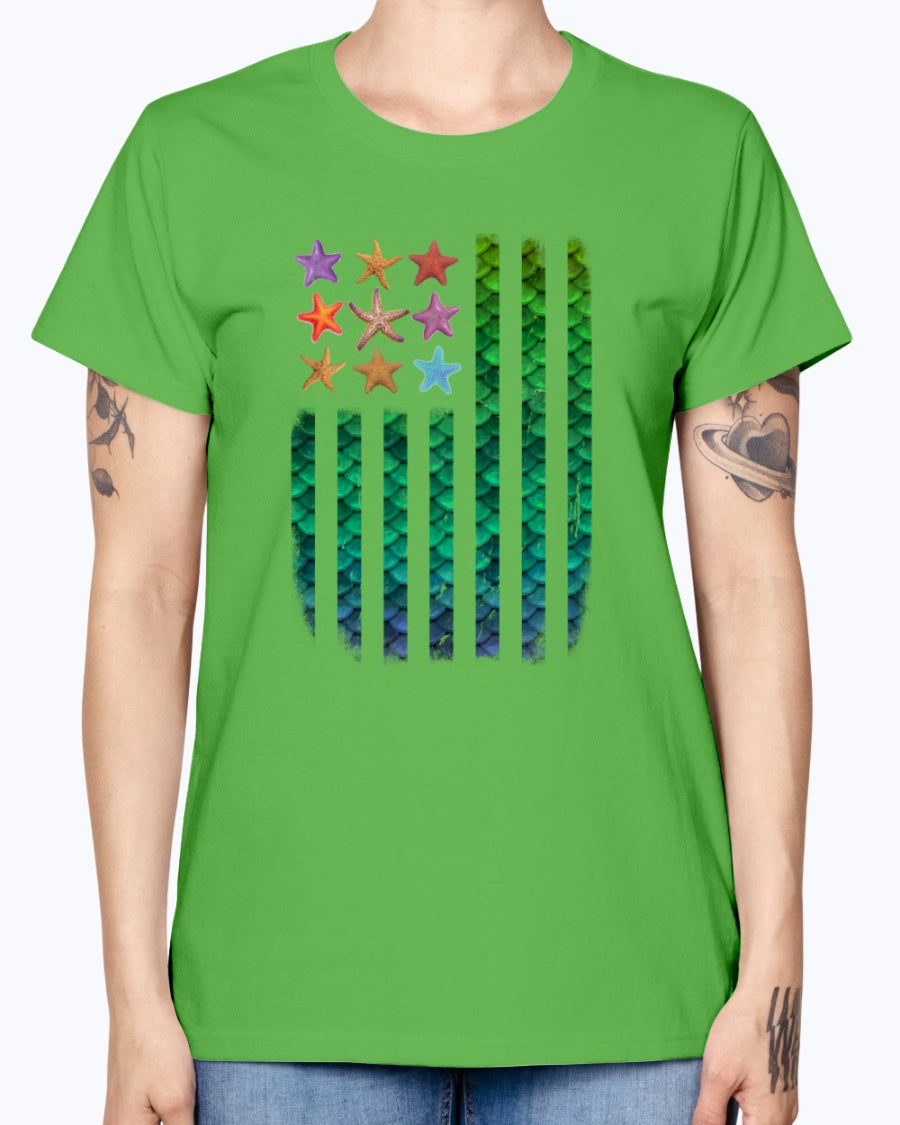 Gildan Ladies Missy T-Shirt. American Mermaid Flag Starfish