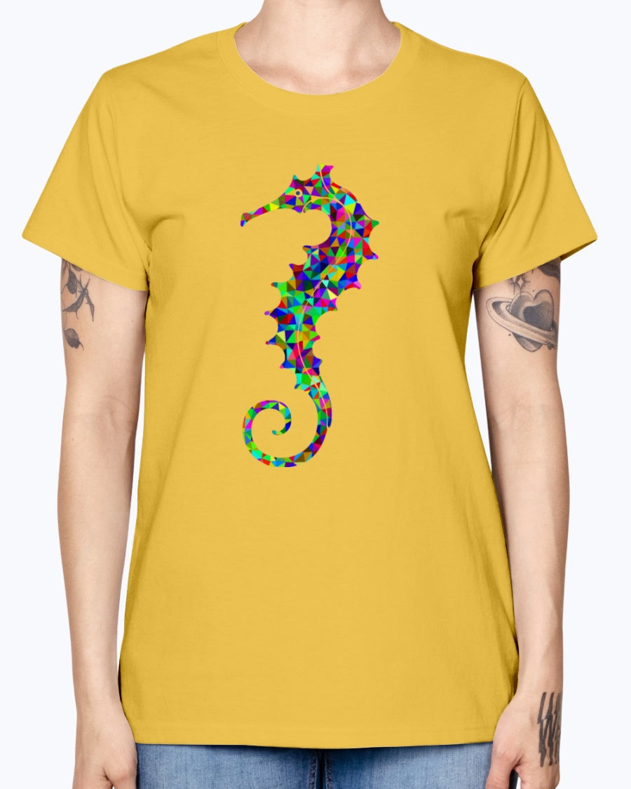 Gildan Ladies Missy T-Shirt. Prismatic Low Poly Seahorse