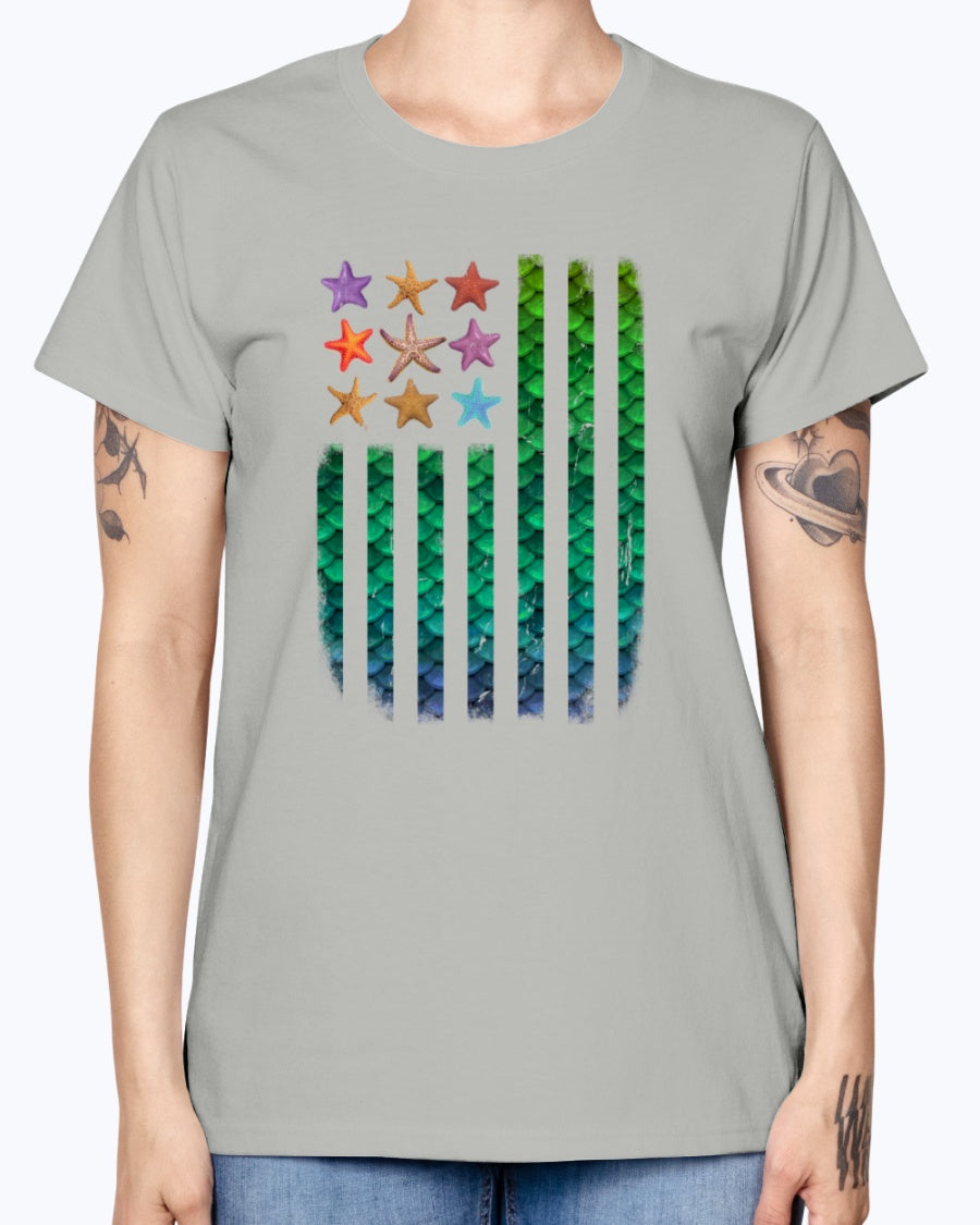 Gildan Ladies Missy T-Shirt. American Mermaid Flag Starfish