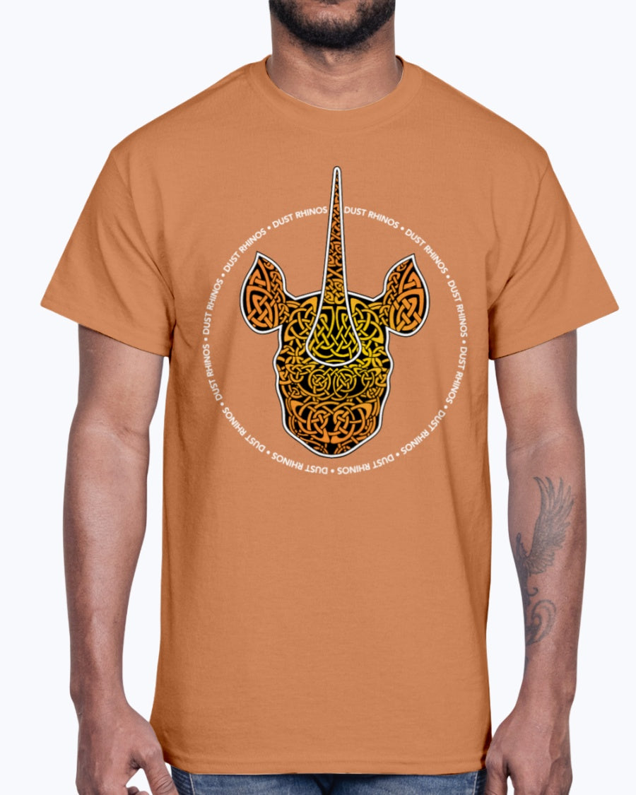 Men's Gildan Ultra Cotton T-Shirt 12 Dark colors. Dust Rhinos Orange Knotwork
