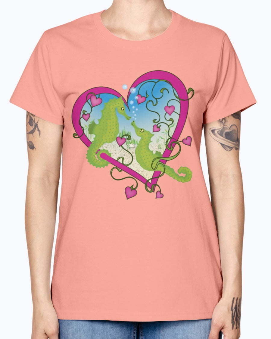 Gildan Ladies Missy T-Shirt. Seahorse Love