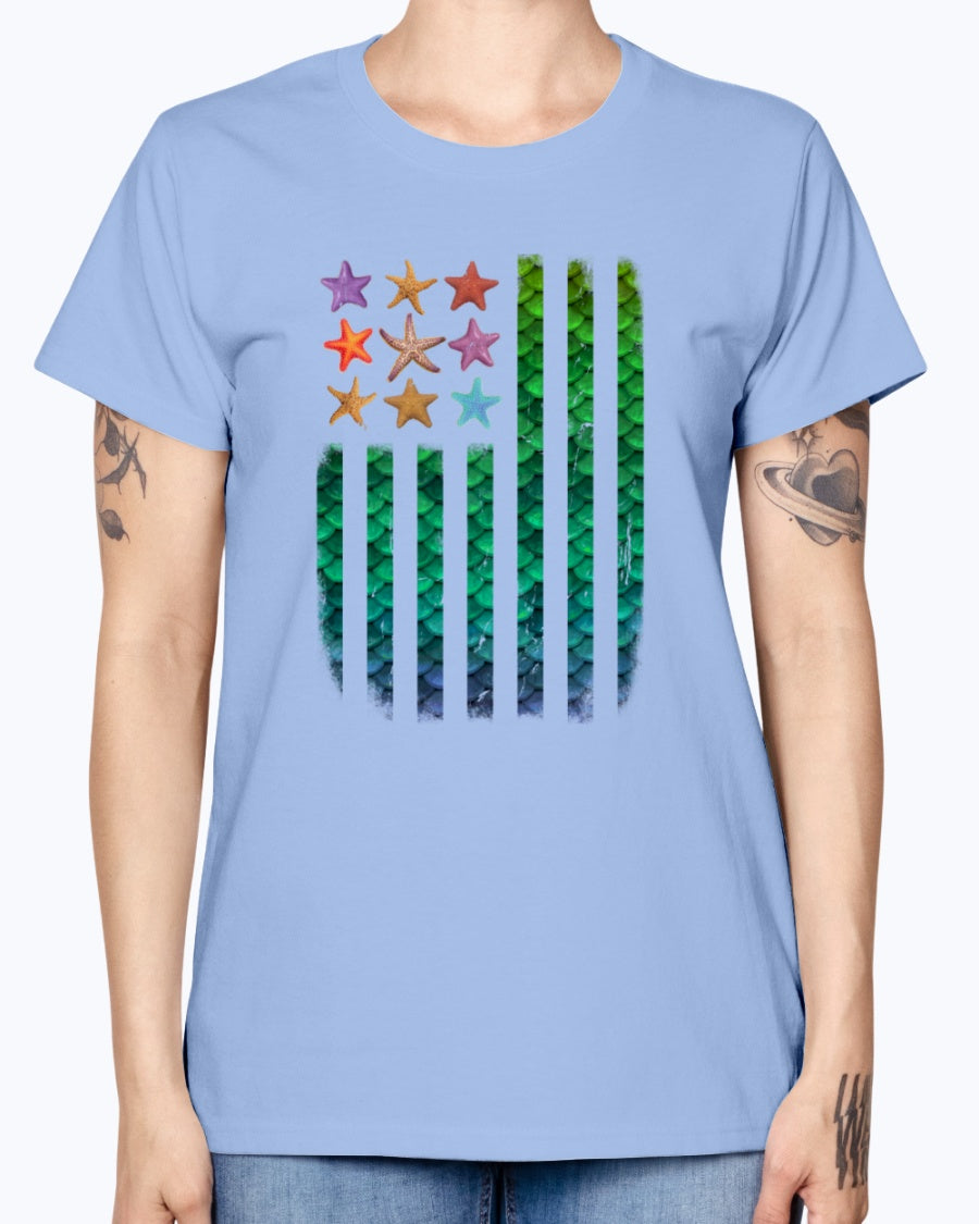 Gildan Ladies Missy T-Shirt. American Mermaid Flag Starfish