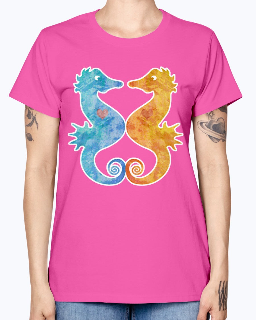 Gildan Ladies Missy T-Shirt. Seahorses in Love