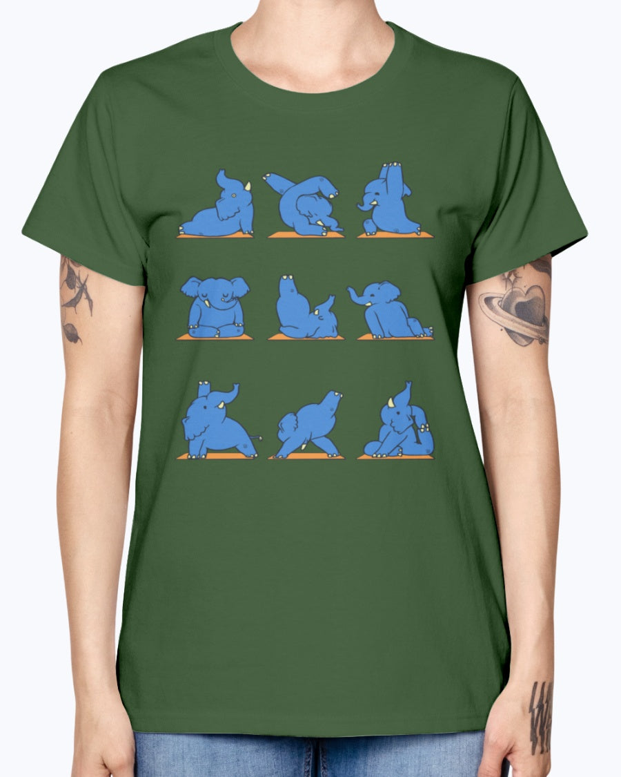 Gildan Ladies Missy T-Shirt. Funny Elephant Yoga