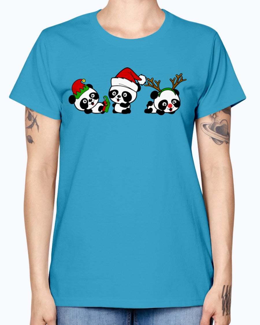 Gildan Ladies Missy T-Shirt. Christmas Pandas.