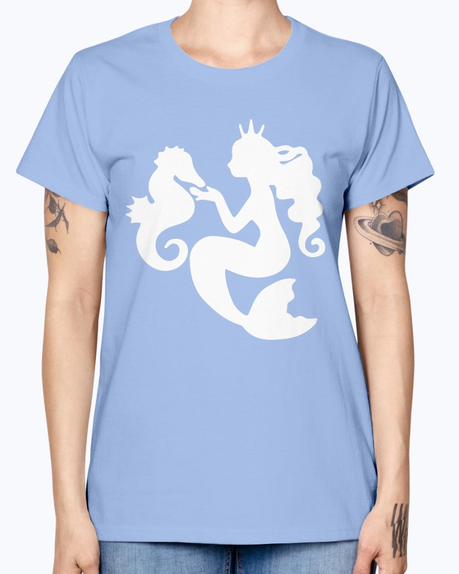 Gildan Ladies Missy T-Shirt. Mermaid& Seahorse.