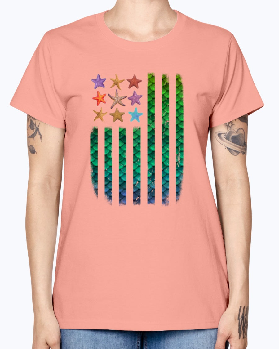 Gildan Ladies Missy T-Shirt. American Mermaid Flag Starfish