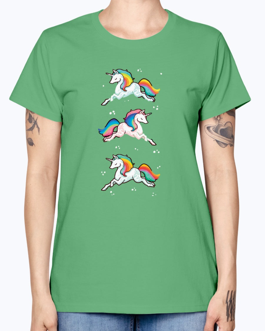 Gildan Ladies Missy T-Shirt. Unicorn rainbow cute