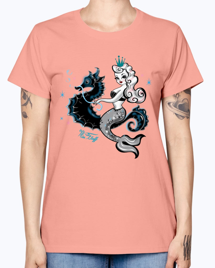 Gildan Ladies Missy T-Shirt. Mermaid Riding A Seahorse