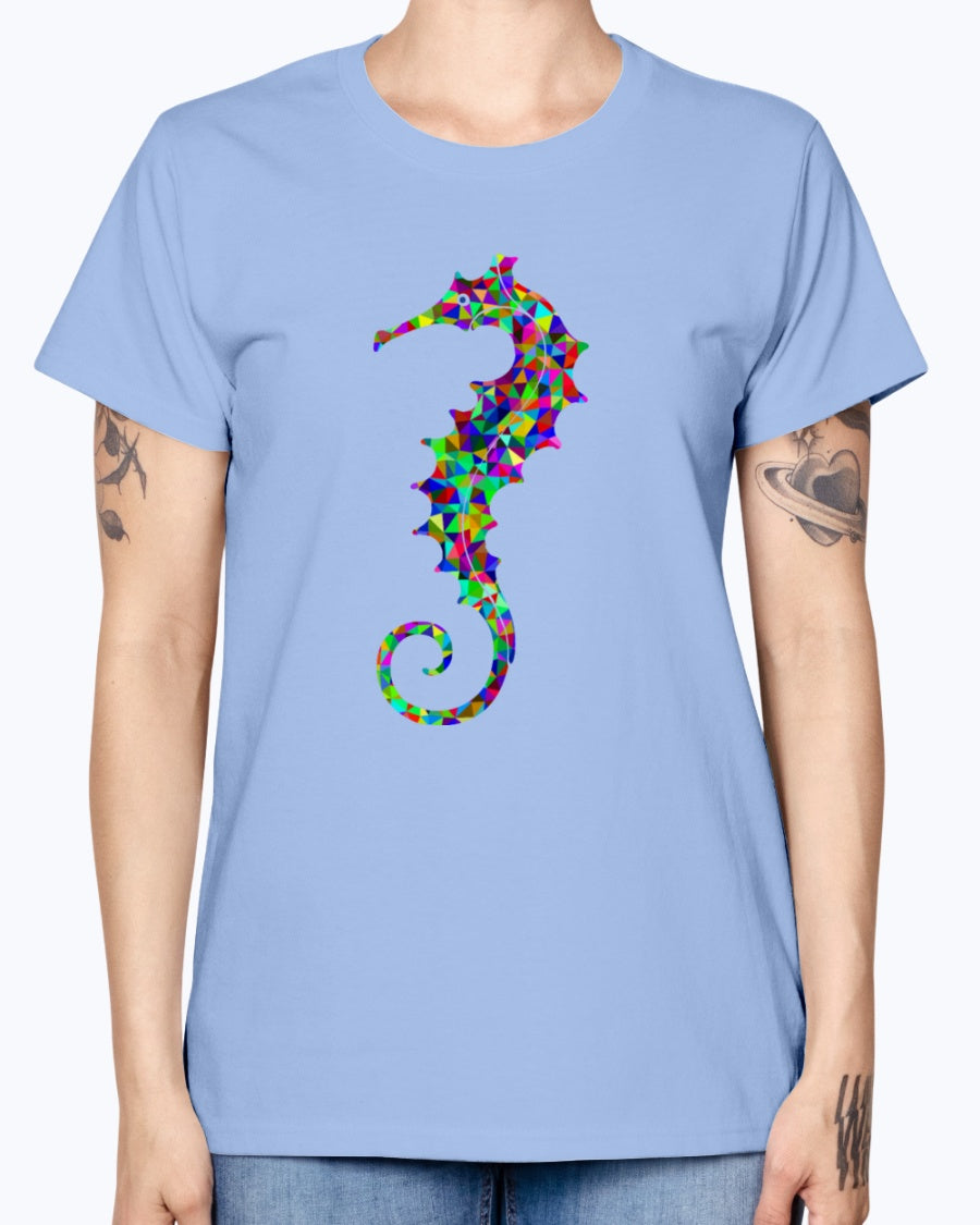 Gildan Ladies Missy T-Shirt. Prismatic Low Poly Seahorse