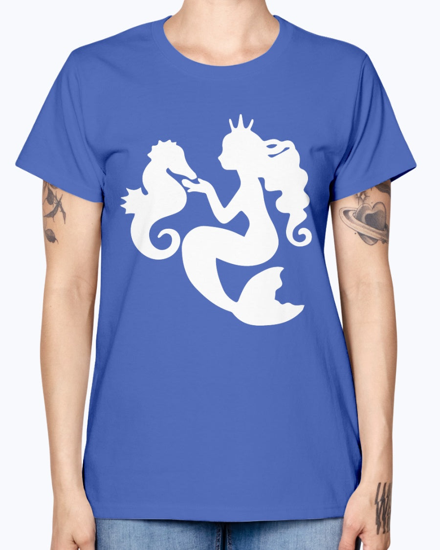 Gildan Ladies Missy T-Shirt. Mermaid& Seahorse.