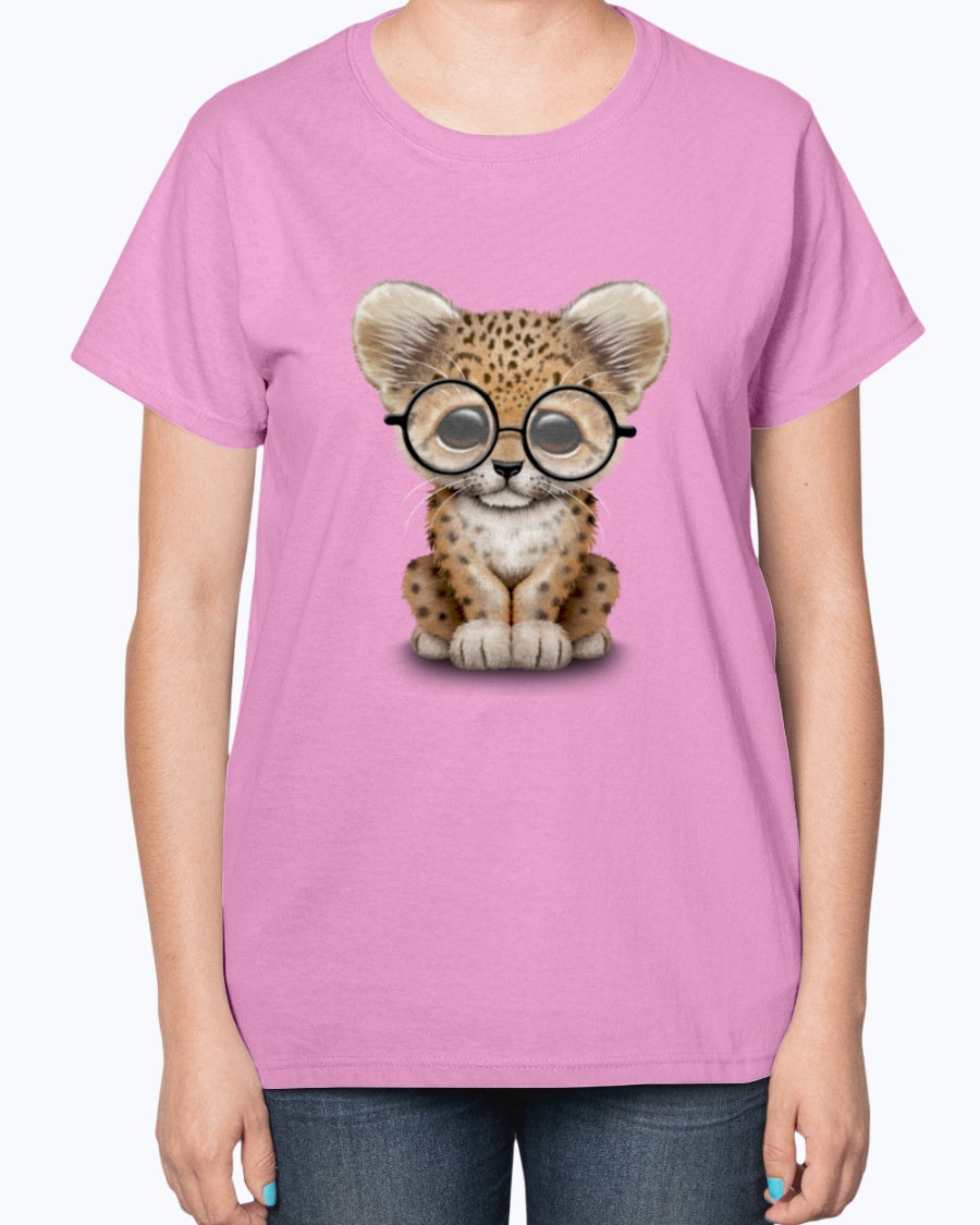 Gildan 2000L Ultra Cotton Ladies T-Shirt 13 colors Dark. Cute Baby Leopard Cub Wearing Glasses
