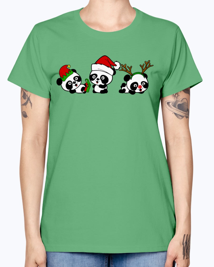 Gildan Ladies Missy T-Shirt. Christmas Pandas.