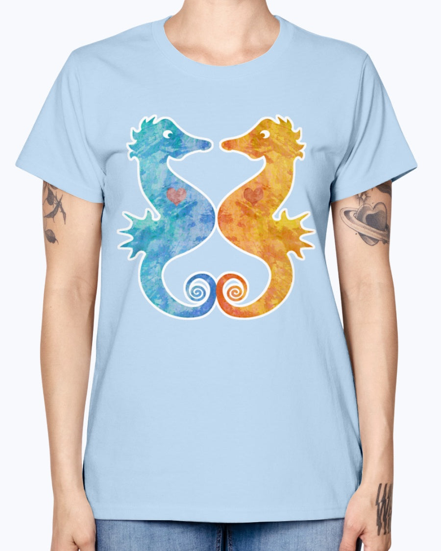 Gildan Ladies Missy T-Shirt. Seahorses in Love