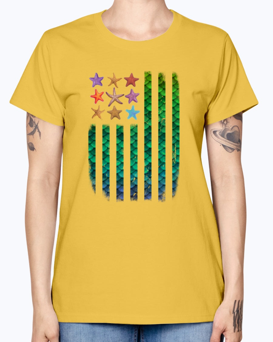 Gildan Ladies Missy T-Shirt. American Mermaid Flag Starfish