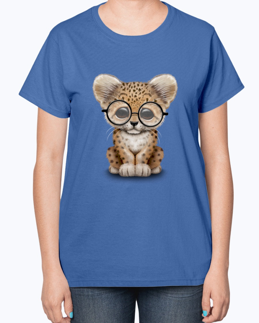 Gildan 2000L Ultra Cotton Ladies T-Shirt 13 colors Dark. Cute Baby Leopard Cub Wearing Glasses