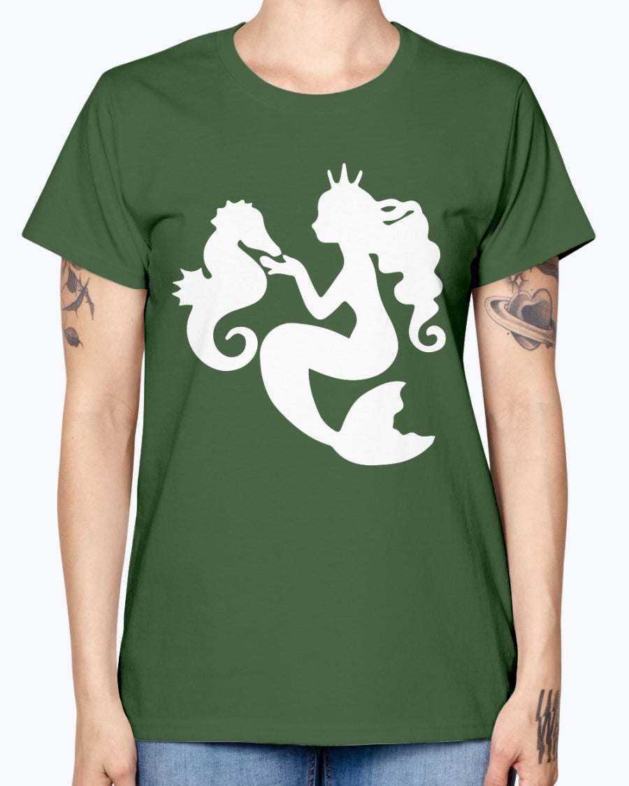 Gildan Ladies Missy T-Shirt. Mermaid& Seahorse.