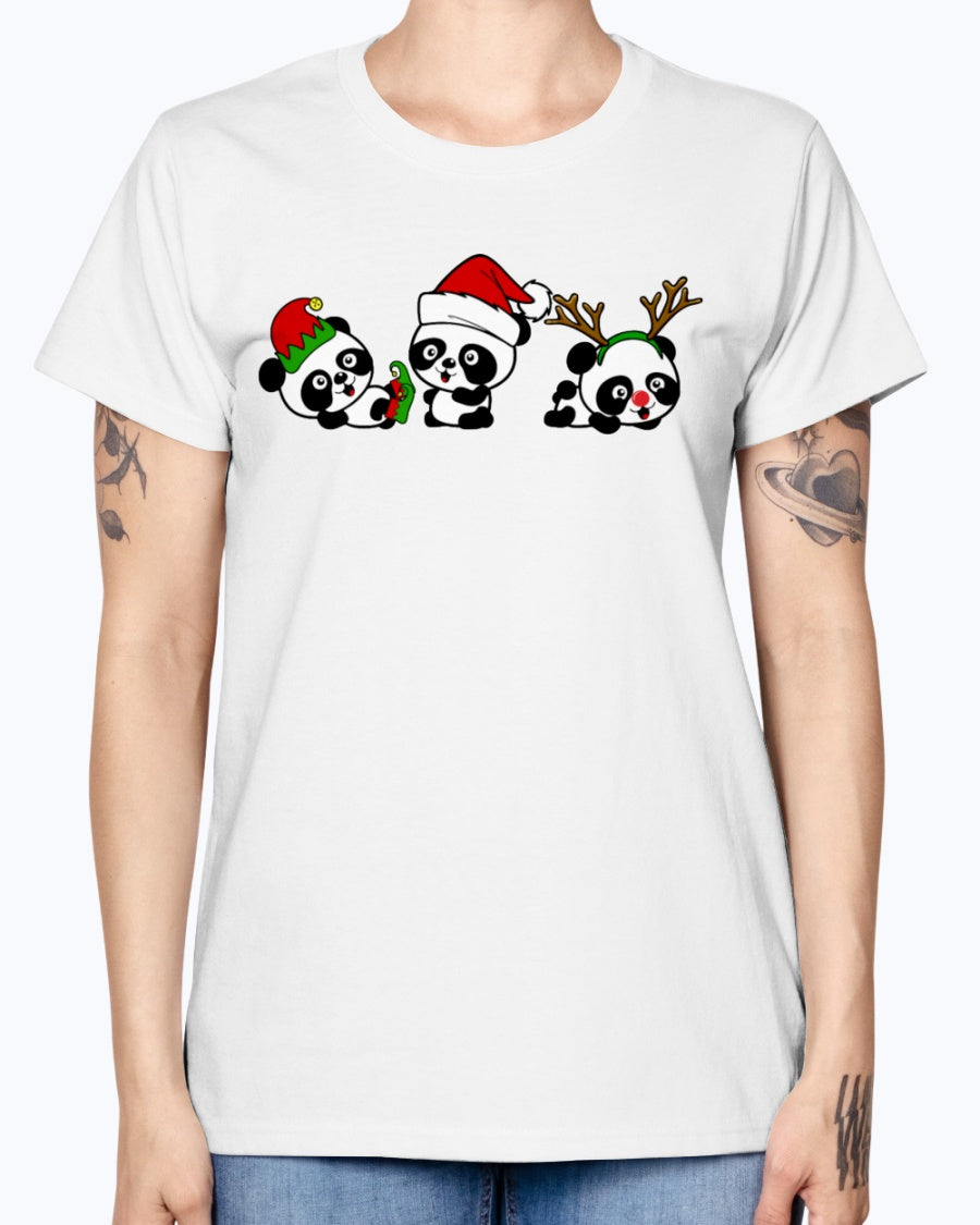 Gildan Ladies Missy T-Shirt. Christmas Pandas.