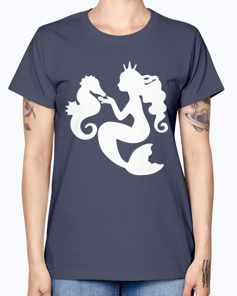Gildan Ladies Missy T-Shirt. Mermaid& Seahorse.