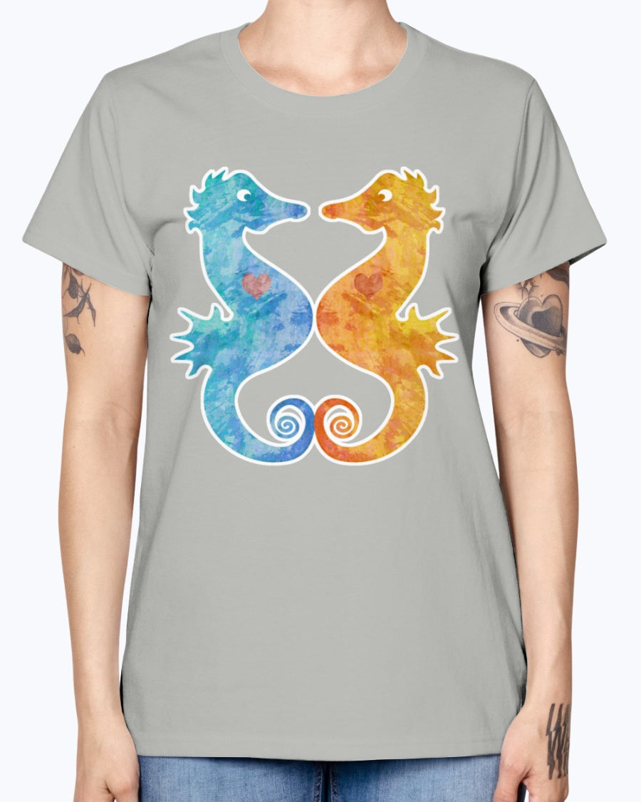 Gildan Ladies Missy T-Shirt. Seahorses in Love