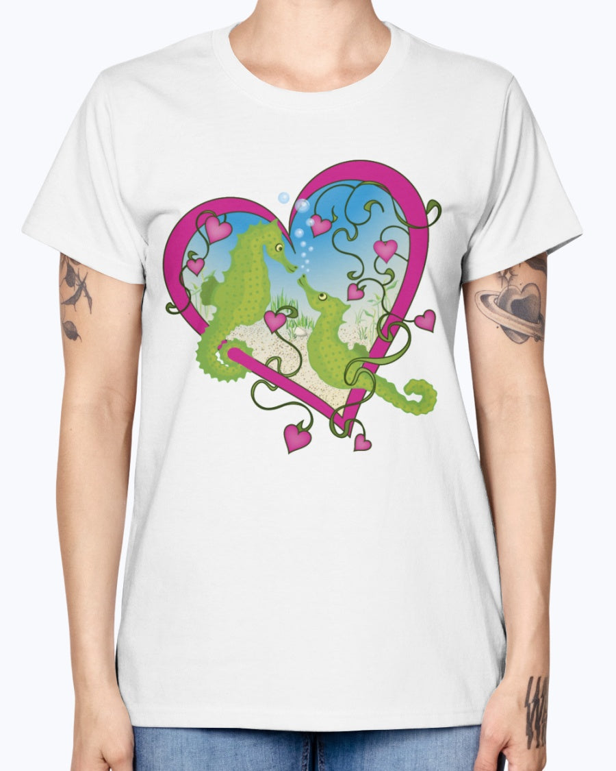 Gildan Ladies Missy T-Shirt. Seahorse Love