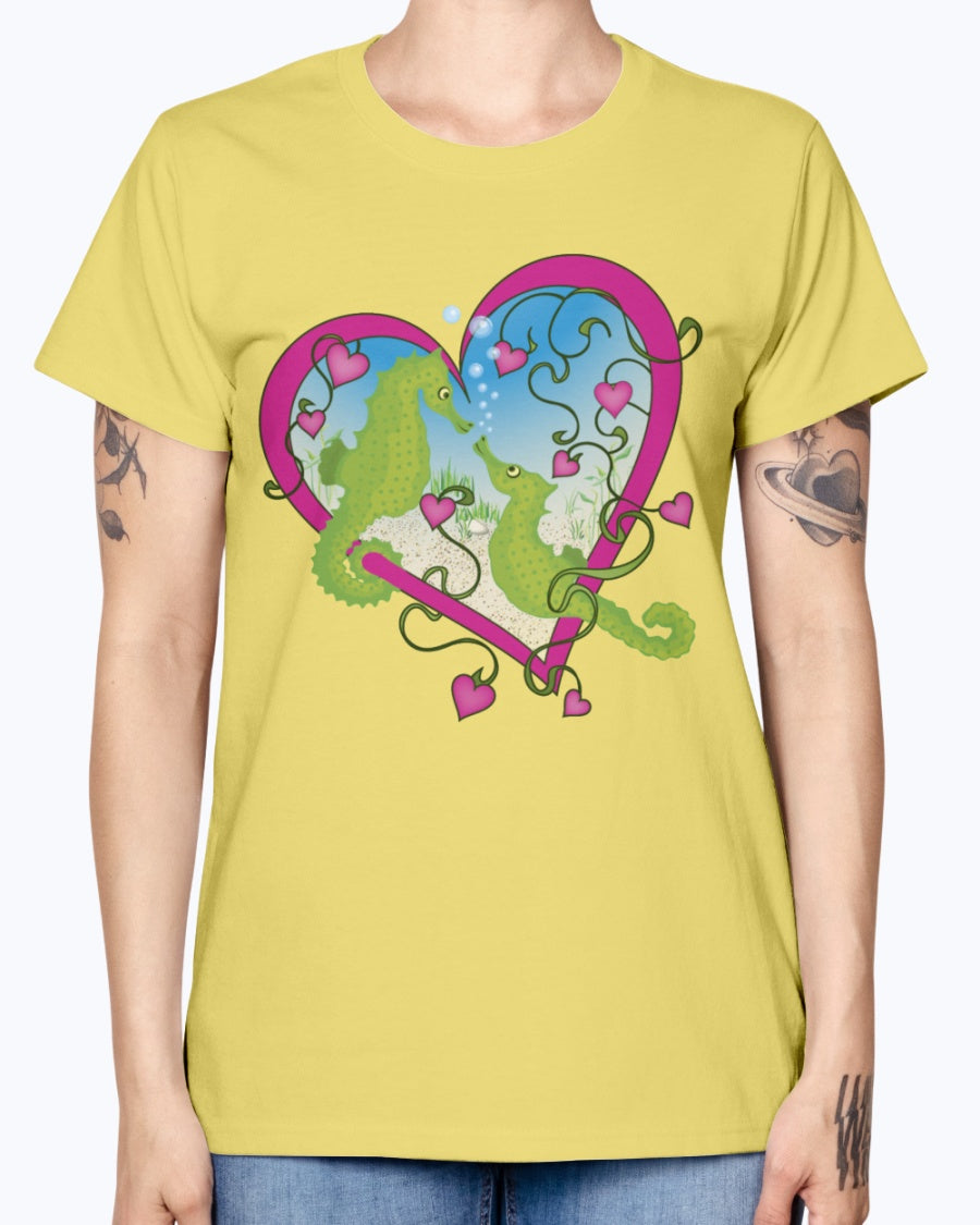 Gildan Ladies Missy T-Shirt. Seahorse Love