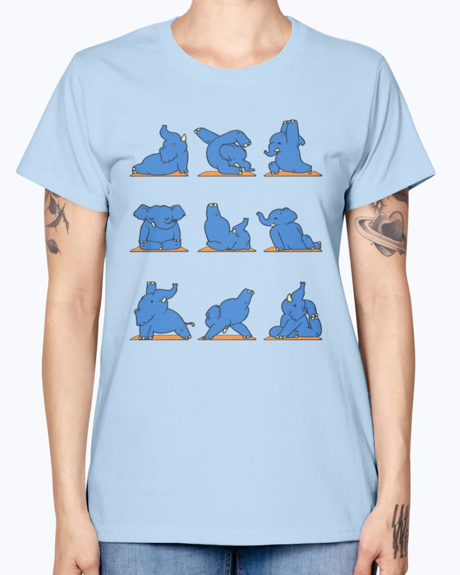 Gildan Ladies Missy T-Shirt. Funny Elephant Yoga