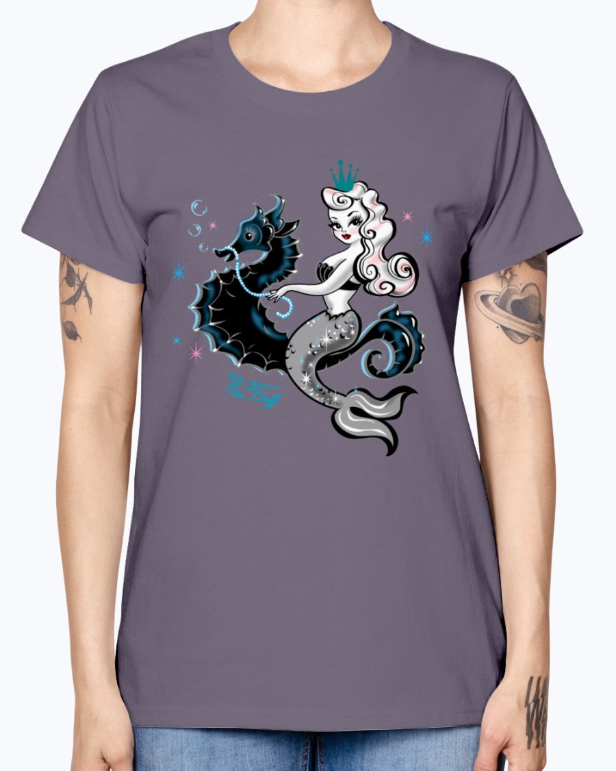 Gildan Ladies Missy T-Shirt. Mermaid Riding A Seahorse