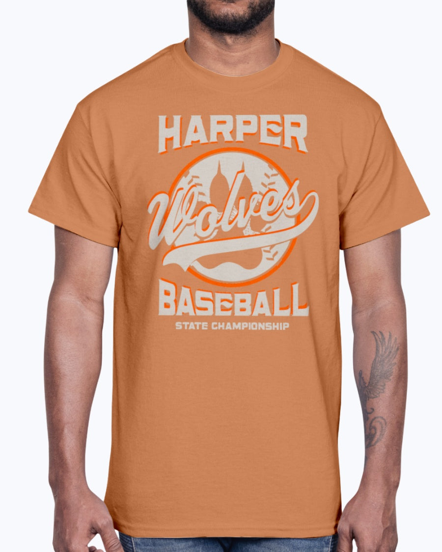 Men's Gildan Ultra Cotton T-Shirt 12 Dark colors. Harper Wolves Baseball State Championship