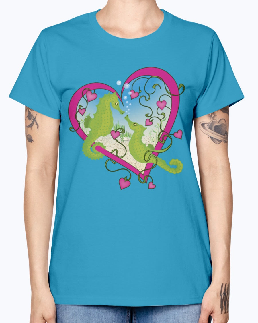 Gildan Ladies Missy T-Shirt. Seahorse Love