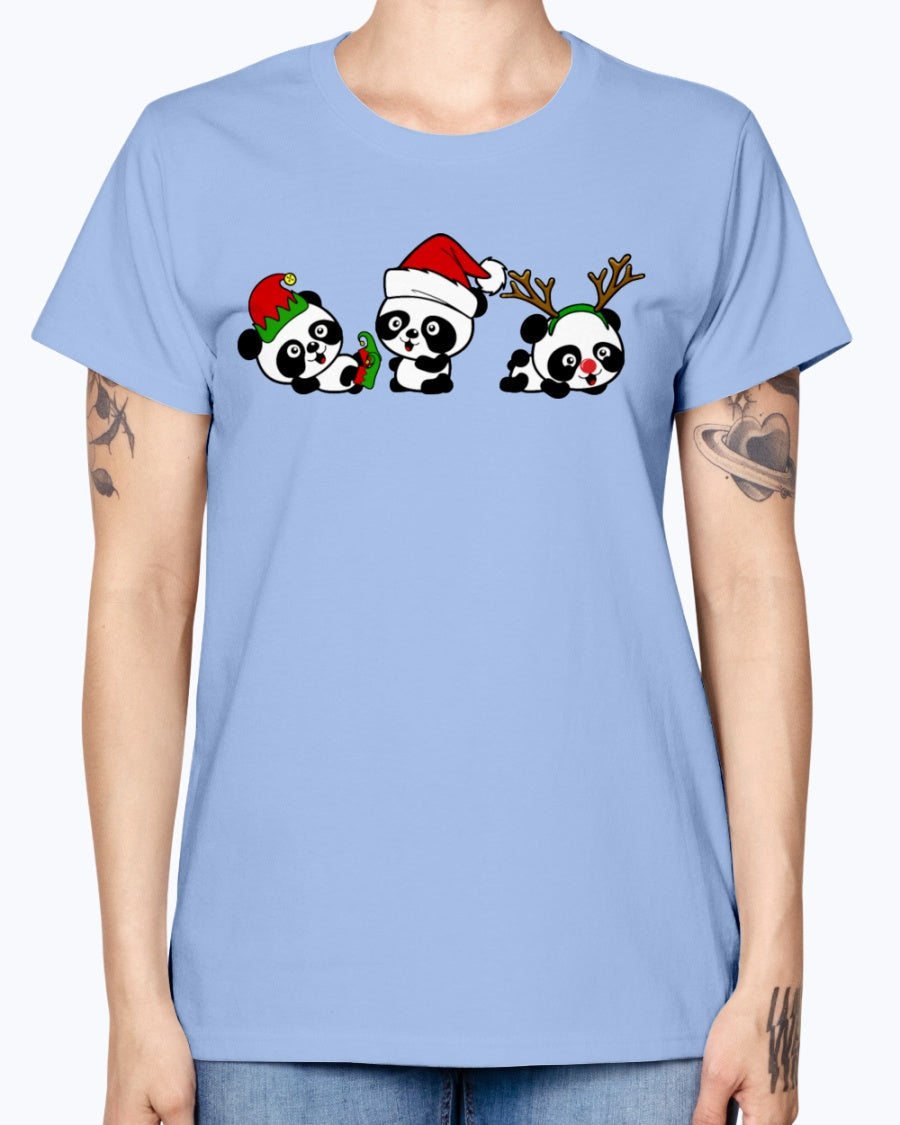 Gildan Ladies Missy T-Shirt. Christmas Pandas.