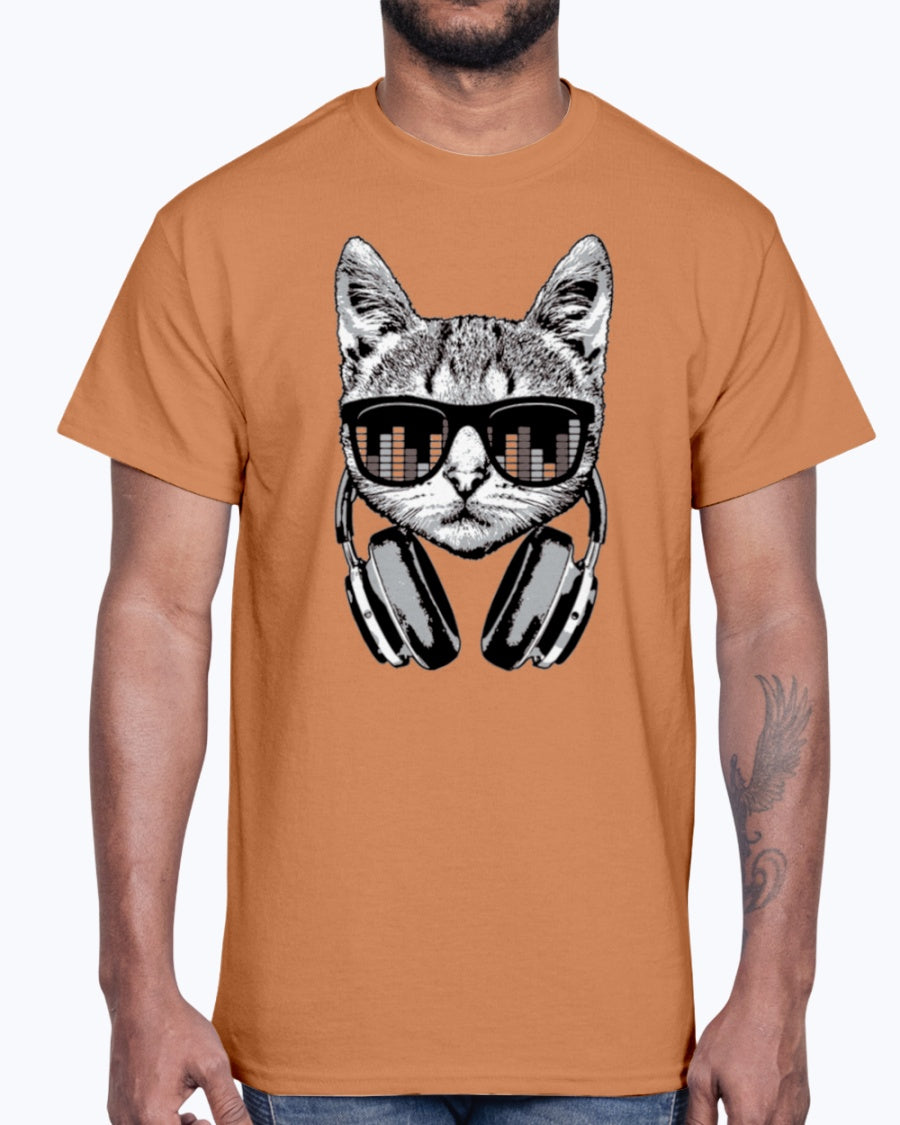 Men's Gildan Ultra Cotton T-Shirt Headphones Cat Equalizer Glasses (Mens)