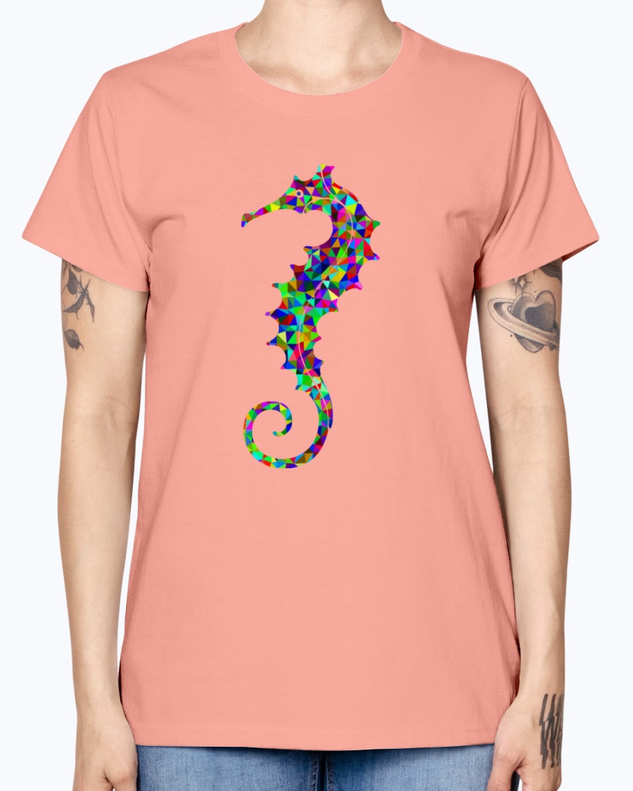Gildan Ladies Missy T-Shirt. Prismatic Low Poly Seahorse
