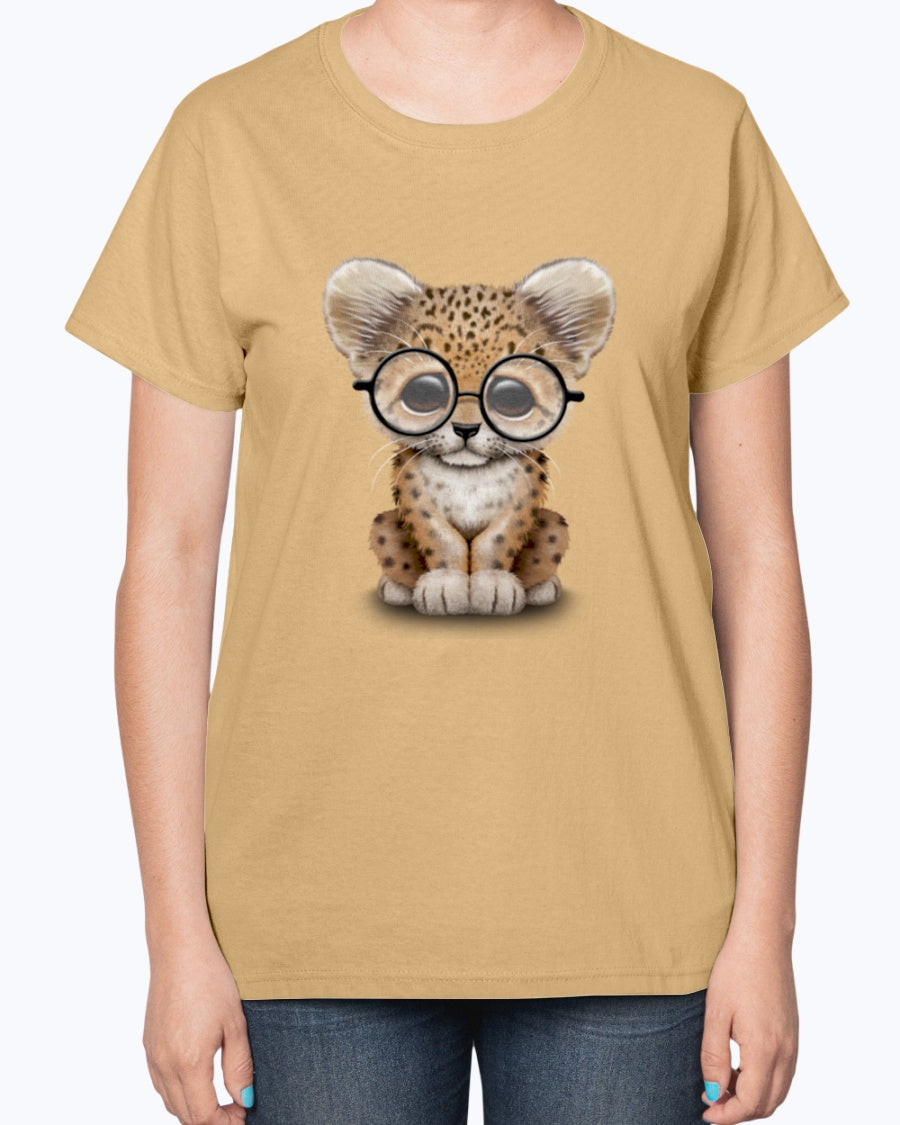 Gildan 2000L Ultra Cotton Ladies T-Shirt 13 colors Dark. Cute Baby Leopard Cub Wearing Glasses