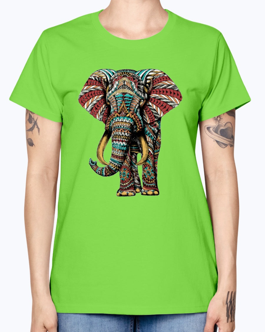 Gildan Ladies Missy T-Shirt Ornate Elephant Color Version