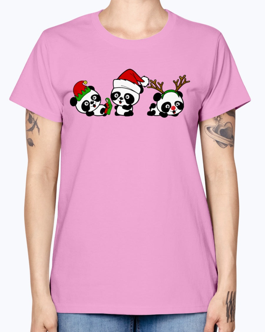 Gildan Ladies Missy T-Shirt. Christmas Pandas.
