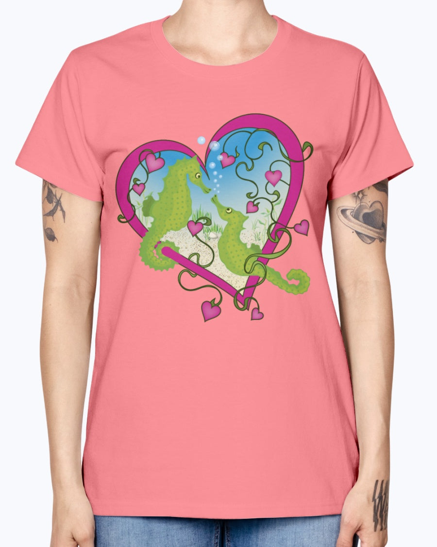 Gildan Ladies Missy T-Shirt. Seahorse Love