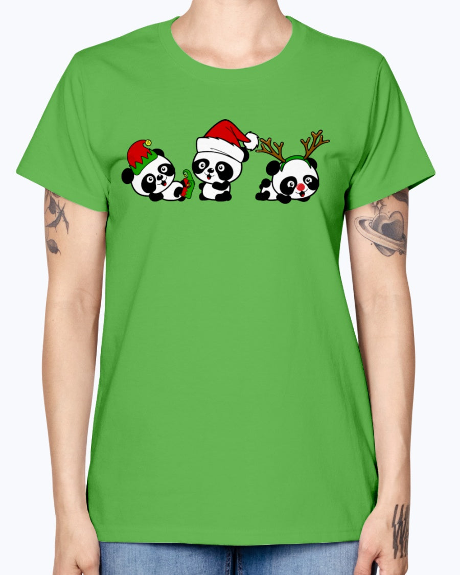 Gildan Ladies Missy T-Shirt. Christmas Pandas.