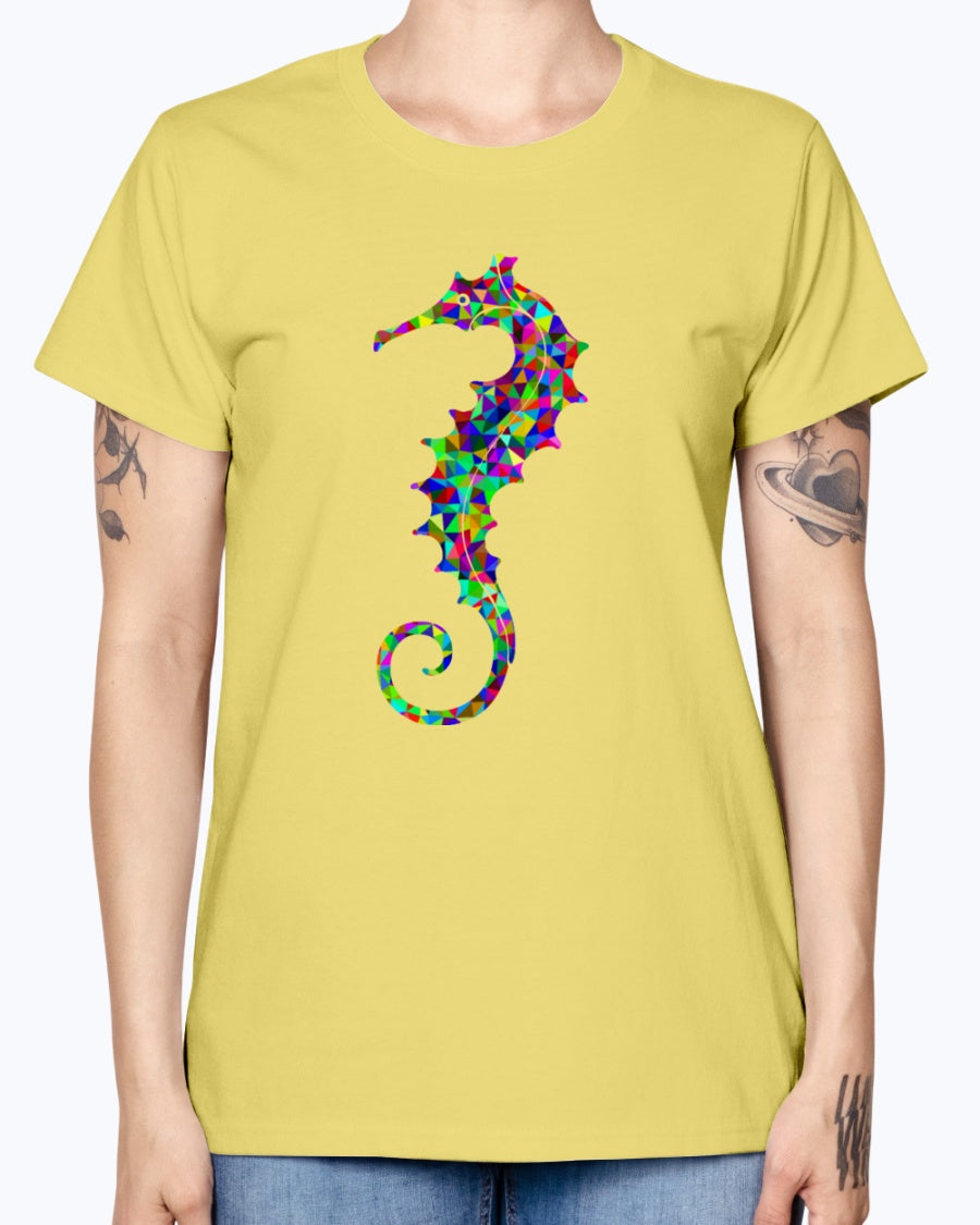 Gildan Ladies Missy T-Shirt. Prismatic Low Poly Seahorse