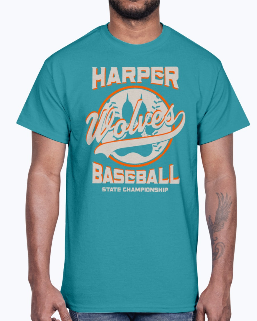 Men's Gildan Ultra Cotton T-Shirt 12 Dark colors. Harper Wolves Baseball State Championship
