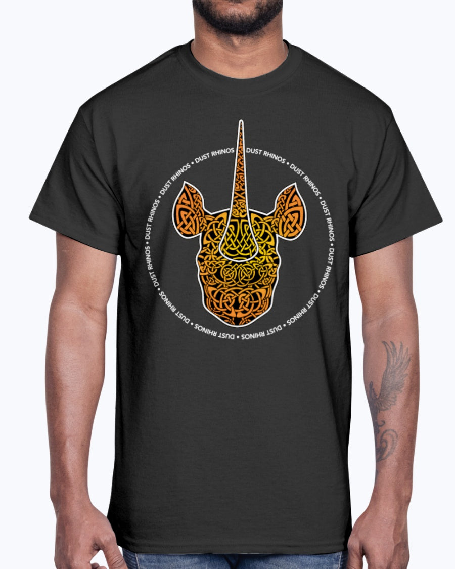 Men's Gildan Ultra Cotton T-Shirt 12 Dark colors. Dust Rhinos Orange Knotwork