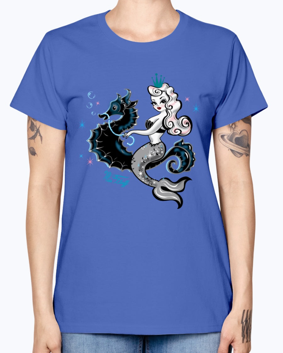 Gildan Ladies Missy T-Shirt. Mermaid Riding A Seahorse
