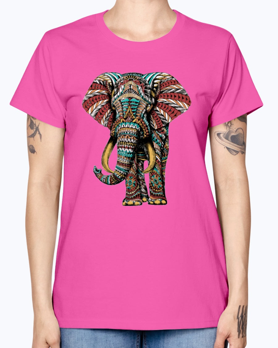 Gildan Ladies Missy T-Shirt Ornate Elephant Color Version