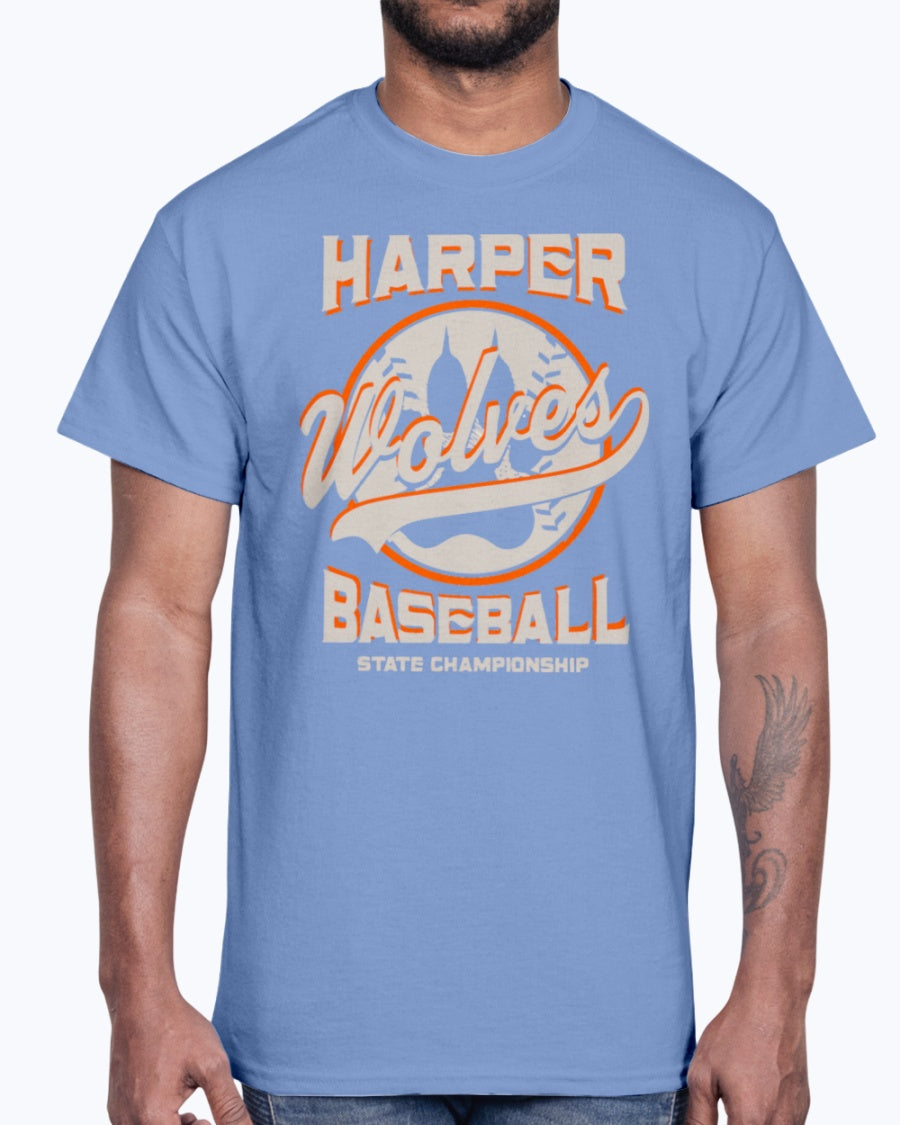 Men's Gildan Ultra Cotton T-Shirt 12 Dark colors. Harper Wolves Baseball State Championship