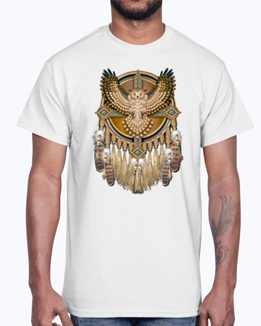 Men's Gildan Ultra Cotton T-Shirt 12 Dark colors. Beadwork Great Horned Owl Mandala